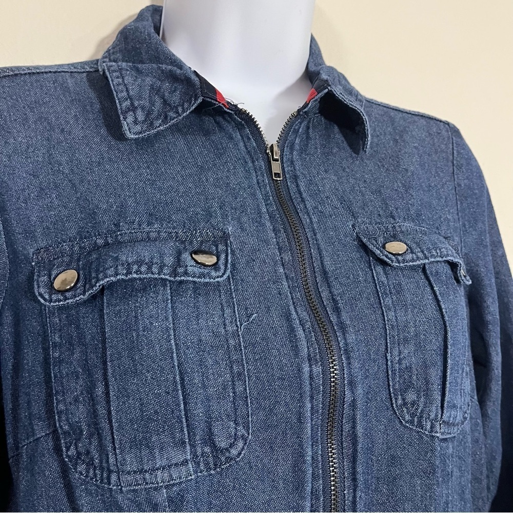 Denim Mini Dress Front Exposed Zipper Safari Sleeves Size Small Fall Streetwear - Picture 5 of 9